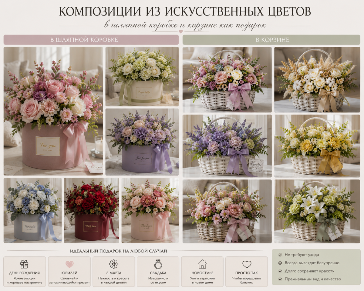 Композиции из искусственных цветов в шляпной коробке и корзине как подарок