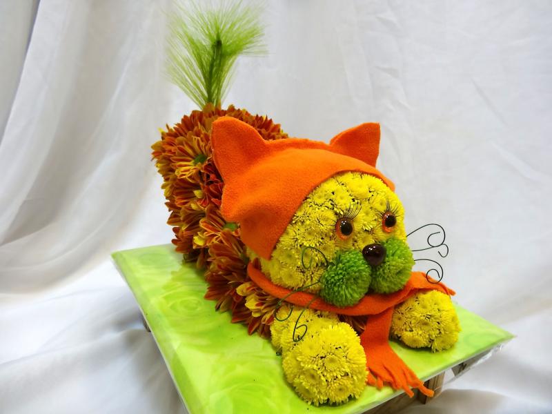 Игрушка из цветов котик Оранжевая шапочка