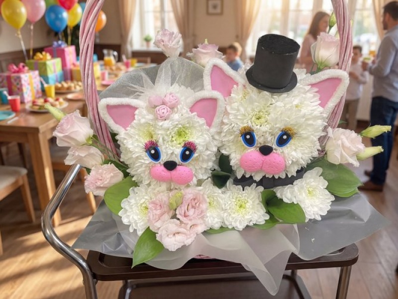 Игрушка из живых цветов котики в корзине Одной дорогой №2