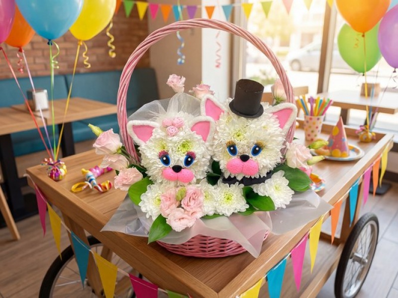 Игрушка из живых цветов котики в корзине Одной дорогой №2