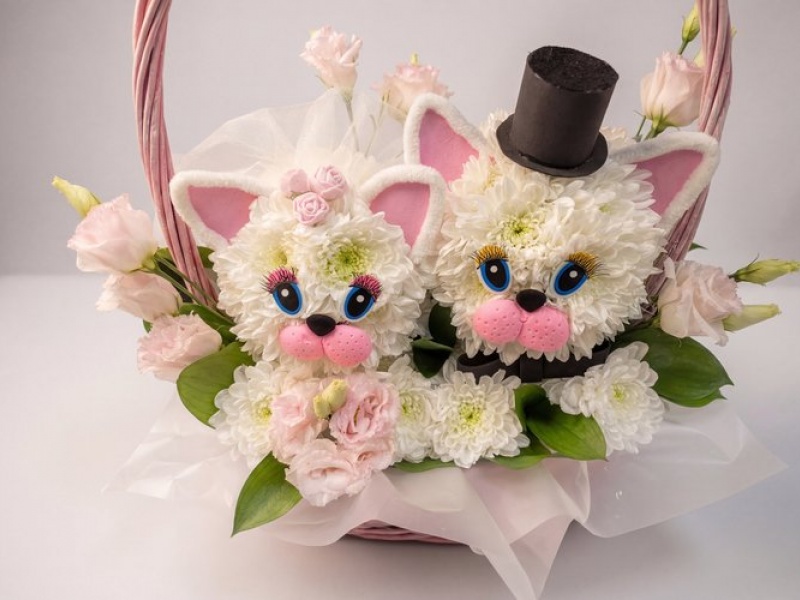 Игрушка из живых цветов котики в корзине Одной дорогой №2