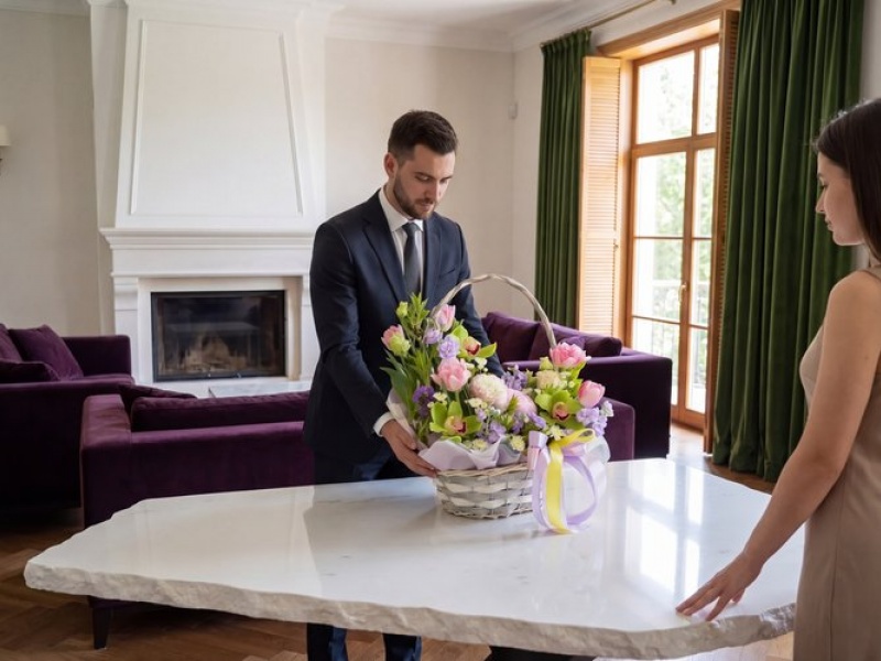 Цветы в корзине Весенний бриз с пионами 