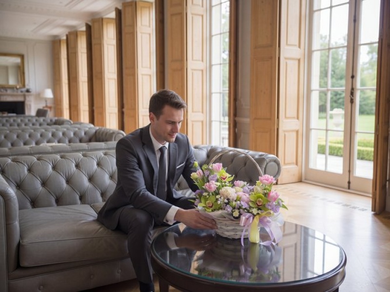 Цветы в корзине Весенний бриз с пионами 