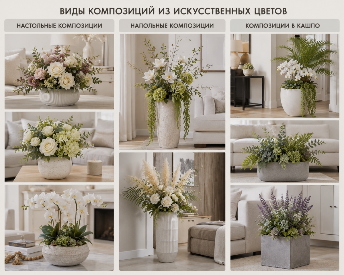 Виды композиций из искусственных цветов — настольные, напольные, в кашпо